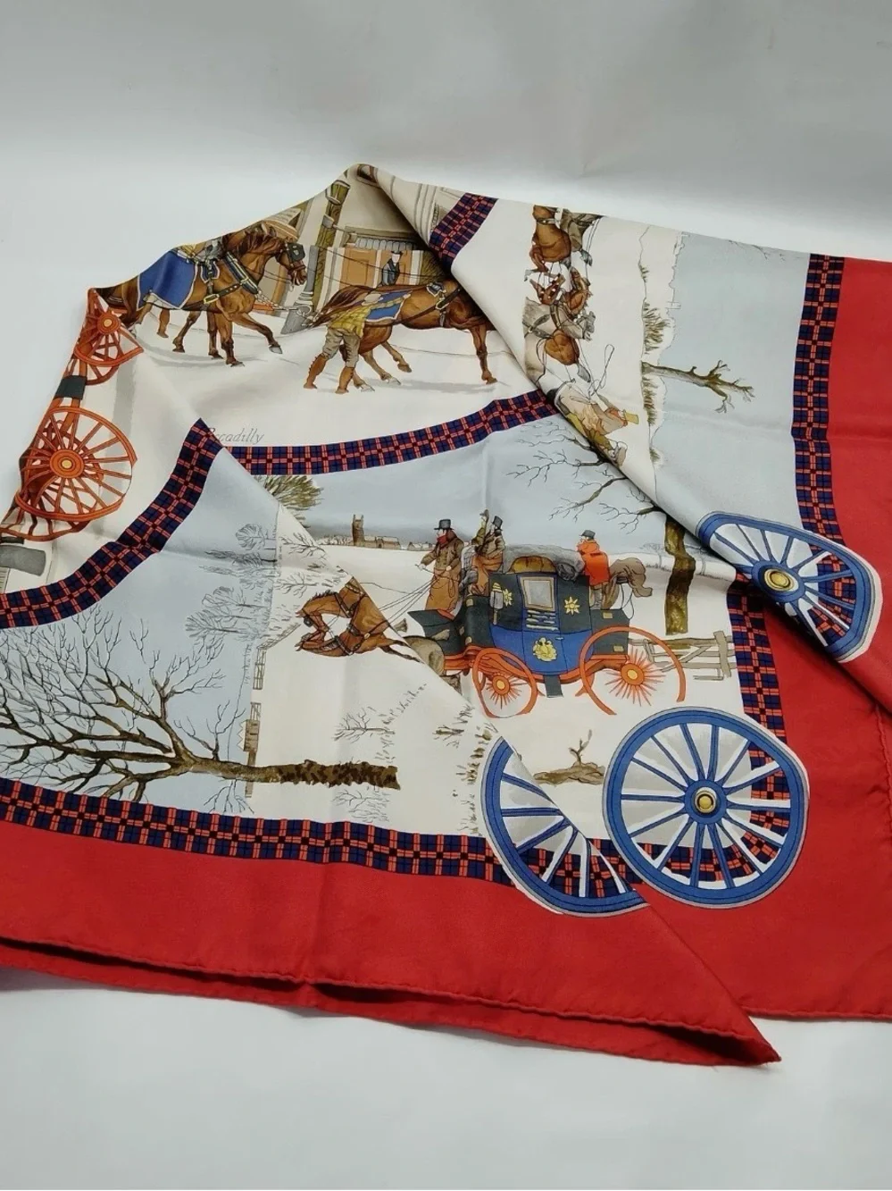 Authentic Hermès Horse Carriage Street Winter Field Red Blue White Silk Scarf 90